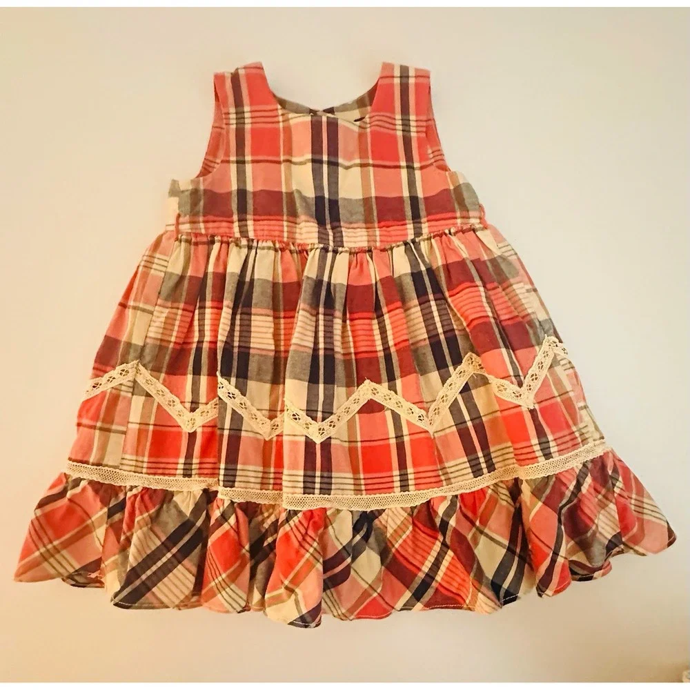 Ralph Lauren Girls 12M Plaid Fit & Flare Square Neck Lace Dress